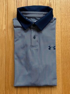 Under Armour Mens Short Sleeve Playoff Polo Shirt Golf Small Blue White Stripes